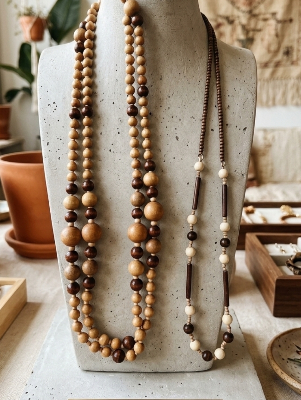 Wood Beaded Necklace Set Of 2 Brown and Cream Boho Jewelry Necklaces